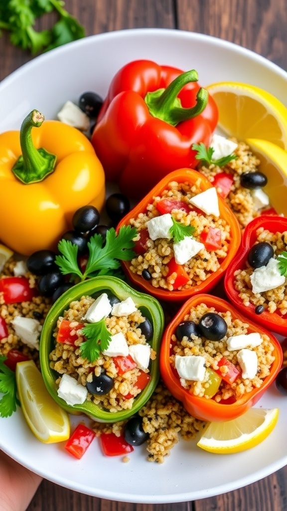 Stuffed bell peppers filled with quinoa, tomatoes, olives, and feta cheese, garnished with parsley on a wooden table.